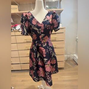 Vince Camuto Navy and Pink Floral V-Neck Fit-&-Flare Mini Dress